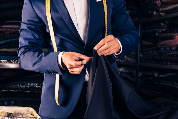 Midsection of a male fashion designer sewing fabric with needle